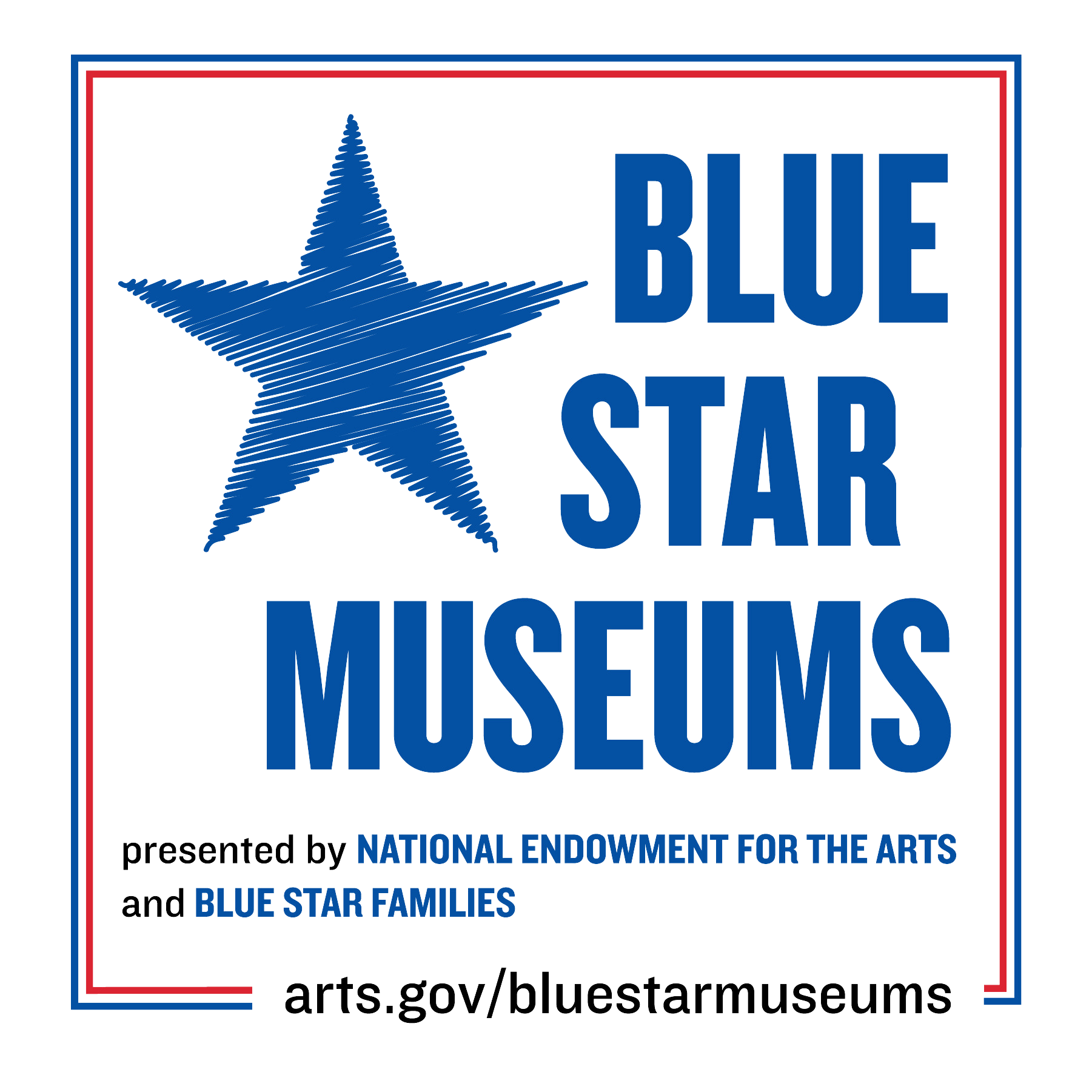 Blue star with text Blue Star Musuems presented by National Endowment for the Arts and Blue Star Families linking to Blue Star Museums website